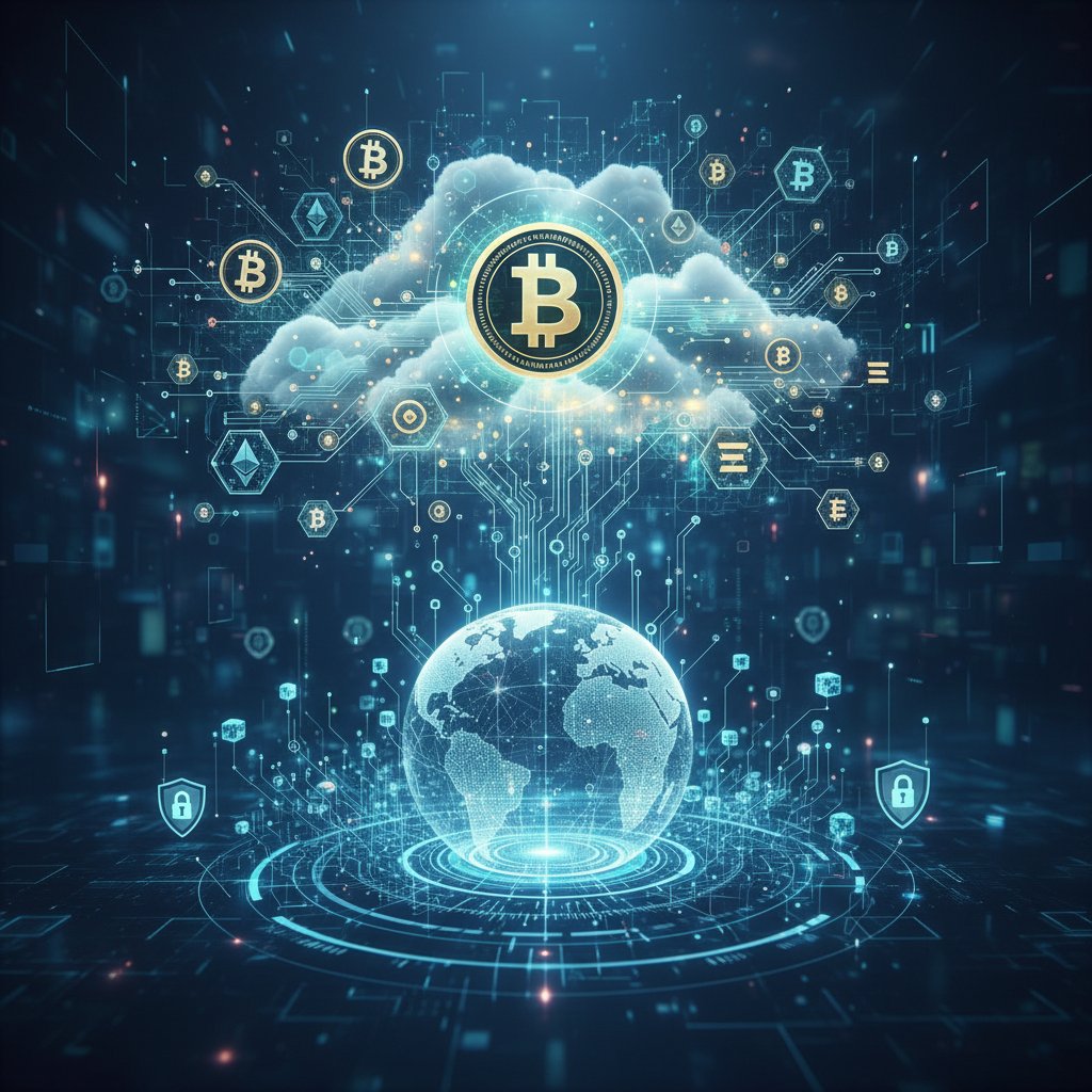 암호자산의 미래를 상징하는 디지털 코인과 블록체인 네트워크 이미지