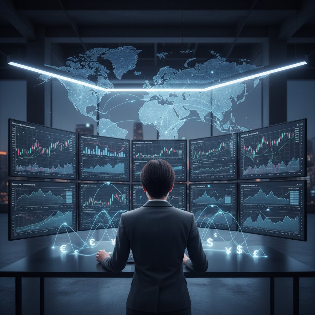 글로벌 외환 시장 지표가 표시된 화면을 응시하는 사람