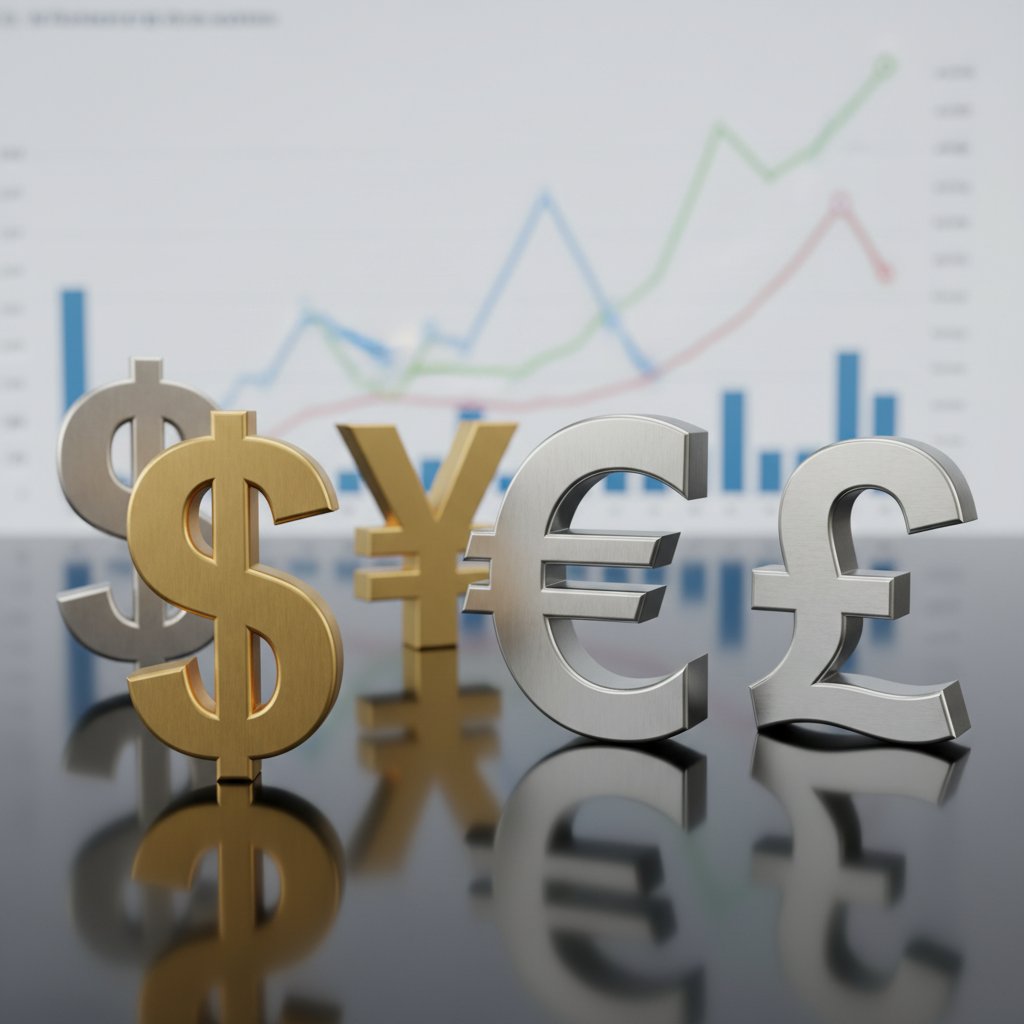 다양한 통화 기호와 금융 차트